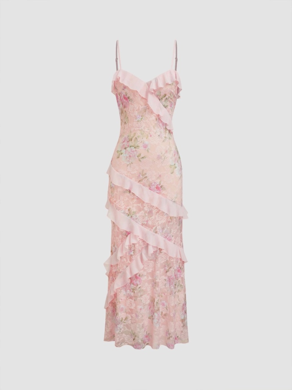 LACE V-NECK FLORAL RUFFLE MAXI DRESS